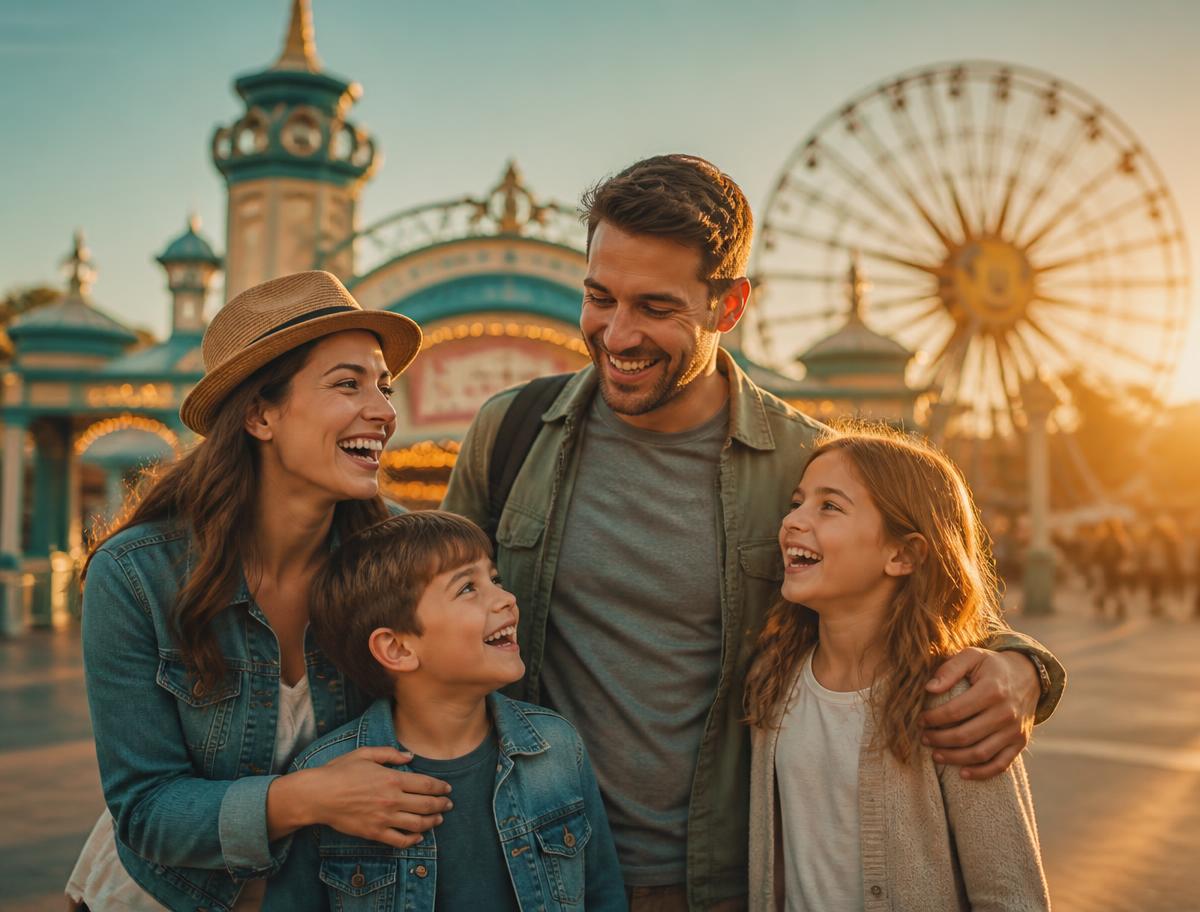 Une famille souriante devant l'entrée d'un parc d'attractions au coucher du soleil